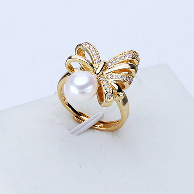 Dailan Jewelry Light Luxury Bowknot Freshwater Pearl Ring Female Opening Adjustable Rice-Shaped Pearl Ring Female Spot - as shown