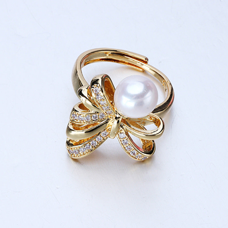 Dailan Jewelry Light Luxury Bowknot Freshwater Pearl Ring Female Opening Adjustable Rice-Shaped Pearl Ring Female Spot - as shown