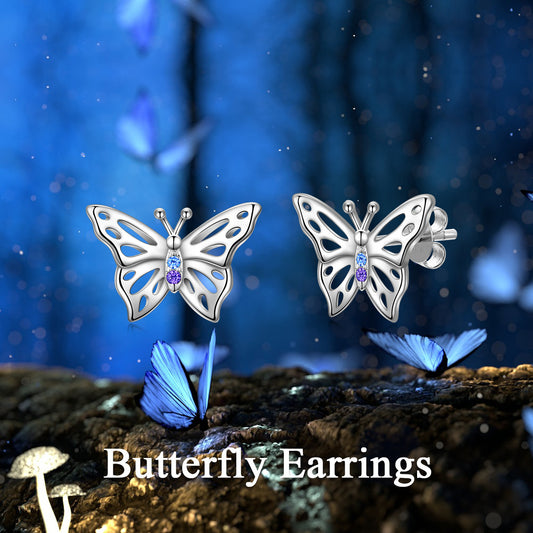 Butterfly Earrings S925 Sterling Silver Hypoallergenic Stud Earrings Jewelry Gifts for Women Teen Girls Birthday - Silver / 9.1*13.2 mm