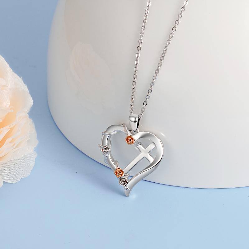 Cross Necklace for Women Sterling Silver Heart Cross Pendant Necklace Jewelry For Women Girls First Communion Easter Gifts - silver / 23 mm