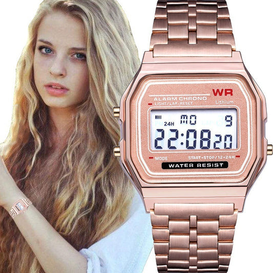 WR F91W Steel Band Electronic Watch - Rose gold