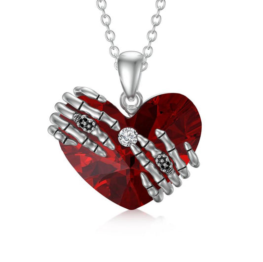 Sterling Silver Red Heart Crystal Skull Hand Necklace Jewelry Gothic Bone Skeleton Necklace Gifts For Women Girl - Red / 0.66inch*0.77inch