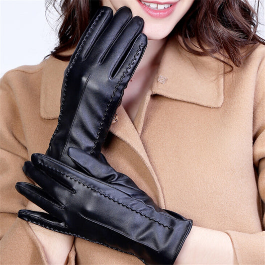Lined warm PU leather gloves - Black