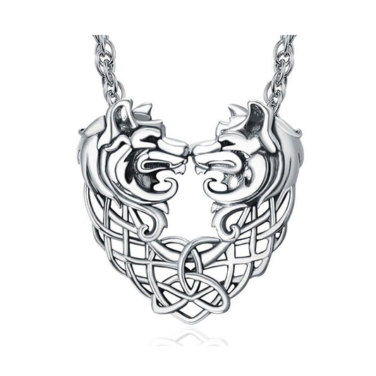 Wolf Necklace Sterling Silver Wolf Pendant Celtic Knot Double Wolf Jewelry Gifts for Women Man - Silver / 24mm