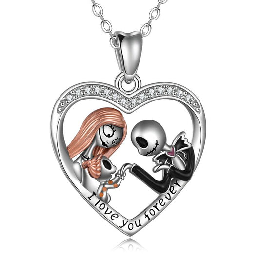 Sterling Silver Nightmare Before Christmas Jack Skellington and Sally Heart family Pendant Skull Jewelry - Silver / 1.05inch*0.84inch