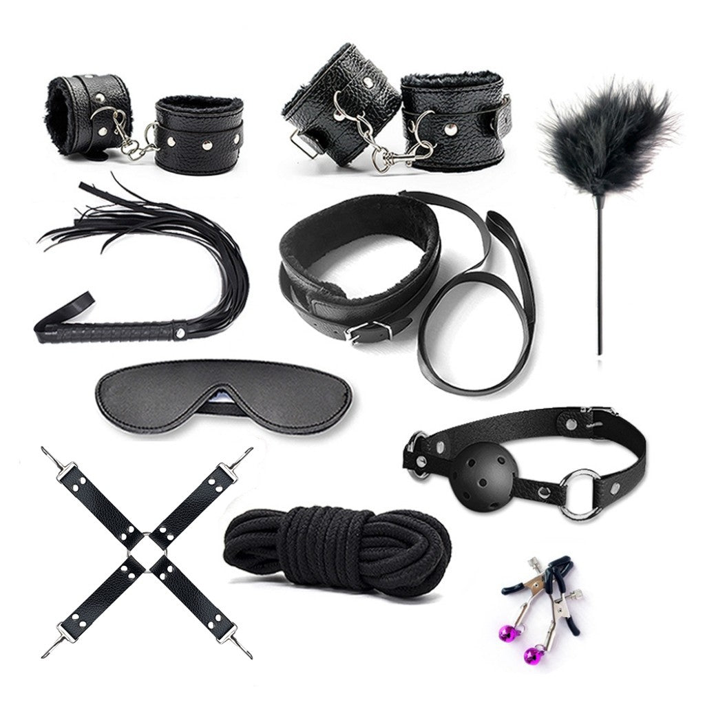 10Pcs BDSM Toys Leather Bondage Restraint Kits For Couples - Black