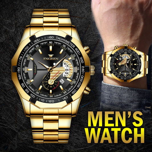 Waterproof Gold Men's Watch Classic Stainless Steel Quartz Wristwatch For MEN - Gold / Stainless Steel