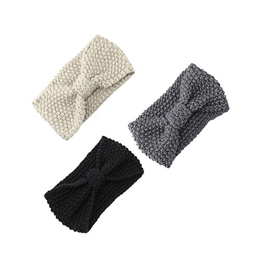 Women Hair Ball Knitting Headband Elastic Handmade Bow Twisted Design HairBand - Gray,Black,Beige