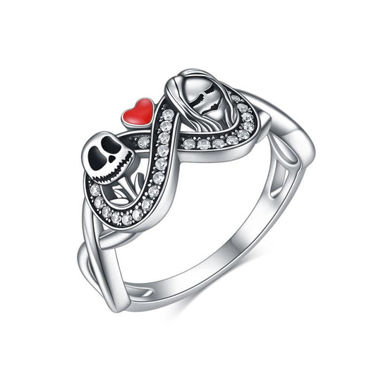 Nightmare Before Christmas Ring 925 Sterling Silver Jack Skellington and Sally Skull Jewelry Anniversary Promise Romantic Mothers Day Gifts - Silver / 0.65inch