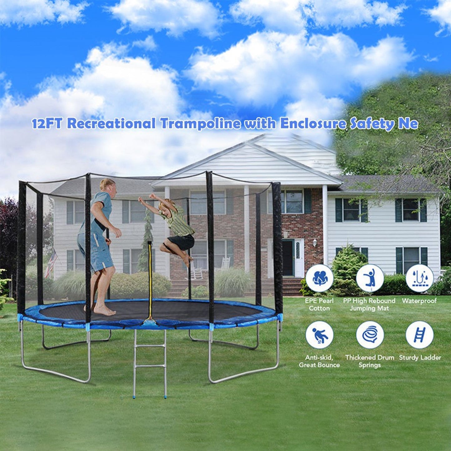 12 FT Kids Trampoline With Enclosure Net Jumping Mat And Spring Cover Padding - As shown