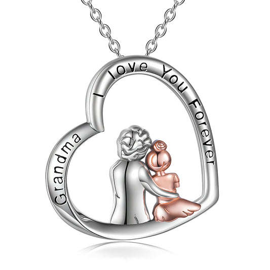 Sterling Silver Love Heart Grandma I Love You Forever Necklace Mothers Valentines Birthday Jewelry - Silver / 22*23mm