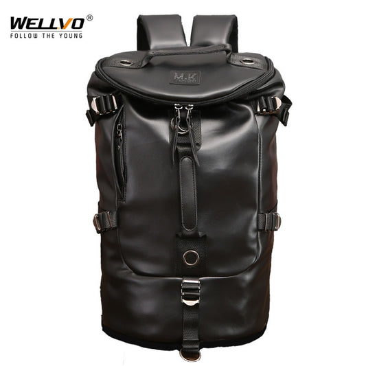 Men Bucket Backpack PU leather Travel Bag Large Capacity Luggage Male Backpacks Casual Fahion Travel Shoulder bags XA156WC - Blue canvas