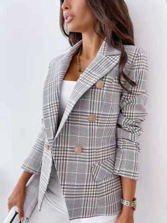 Women's fitted check double-breasted blazer - Grey / XXL