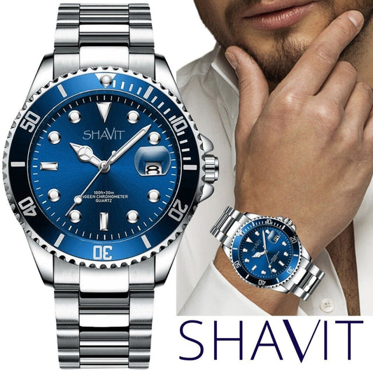 Fashion Men Watch Stainless Steel Analog Quartz Classic Male Wristwatch, Blue - Silver