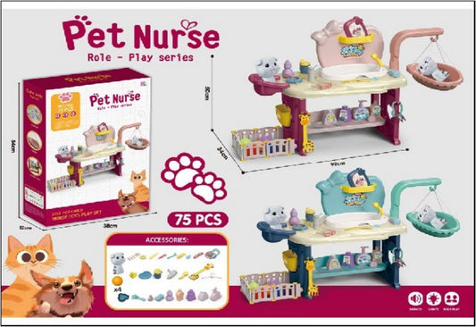 Kids Pet Cat-care Set With Pet Cat With Light Music Pink Toys Playset - PinkA