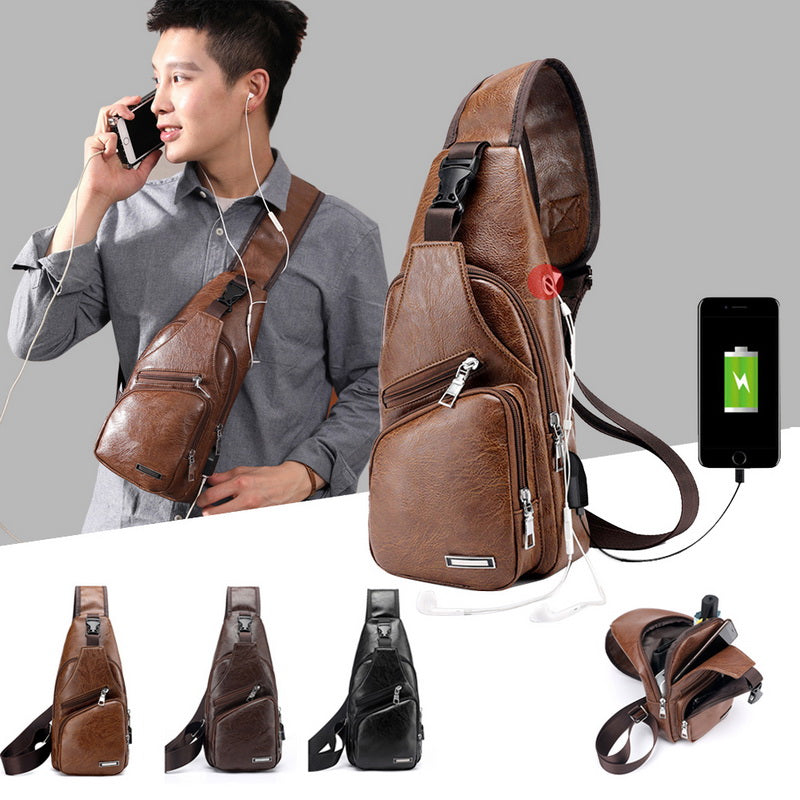 Men USB Charging Bag Men Chest Bag For Custom PU PVC Shoulder Bag Diagonal Package Messenger Travel Bag Cross Body Bags - Light Brown