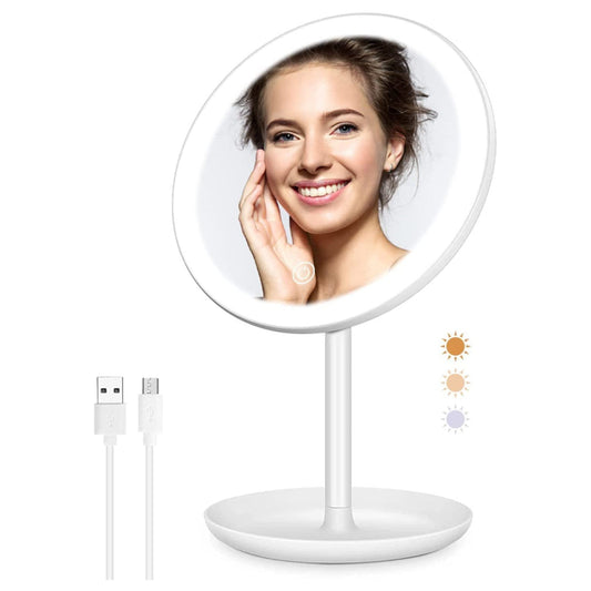 Rechargeable Lighted Makeup Mirror, 50 LED Lights Vanity Mirror With Detachable Storage Tray - White