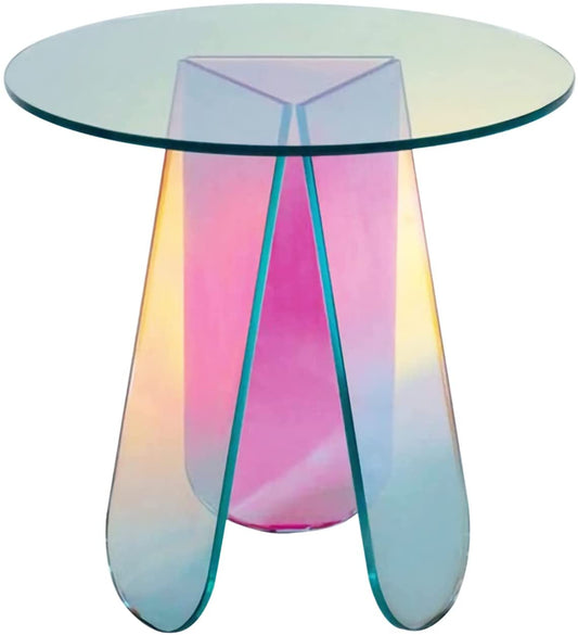 Acrylic Rainbow Color Coffee Table, Iridescent Glass End Table Round Side Table Modern Accent TV Table For Living Bed Room Decoration - S