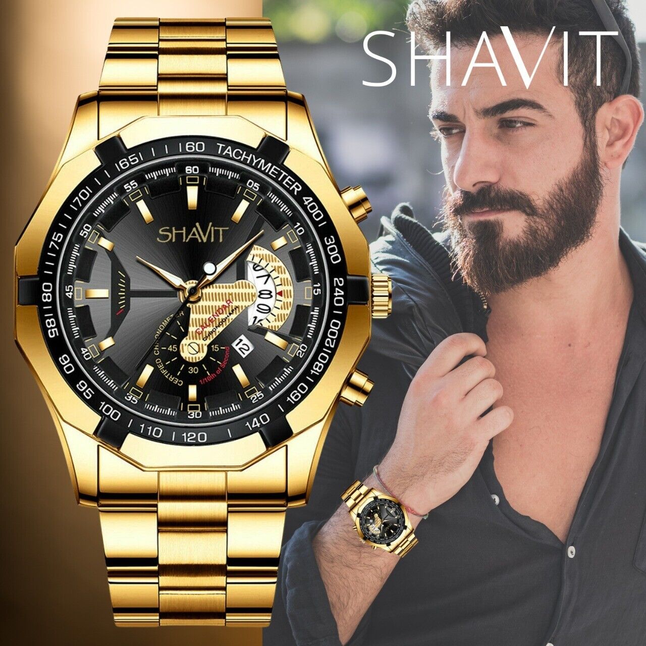 Gold Men's Watch Classic Stainless Steel Quartz Luxury Gift Wristwatch For MEN - Gold / Black