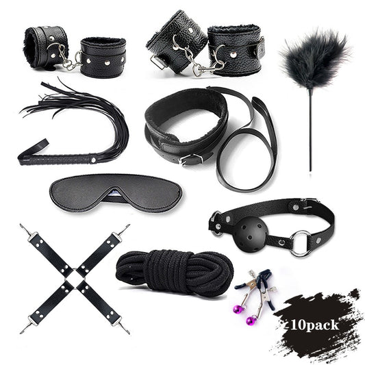 10Pcs BDSM Toys Leather Bondage Restraint Kits For Couples - Black