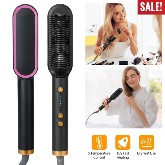 2-in-1 Electric Hair Straightener Brush Hot Comb Adjustment Heat Styling Curler - Black