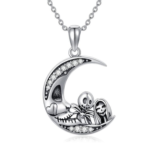 Sterling Silver Nightmare Before Christmas Necklace Jack Skellington Infinity Heart Pendant Necklace Skull Jewelry - Silver / 0.88inch*0.75inch