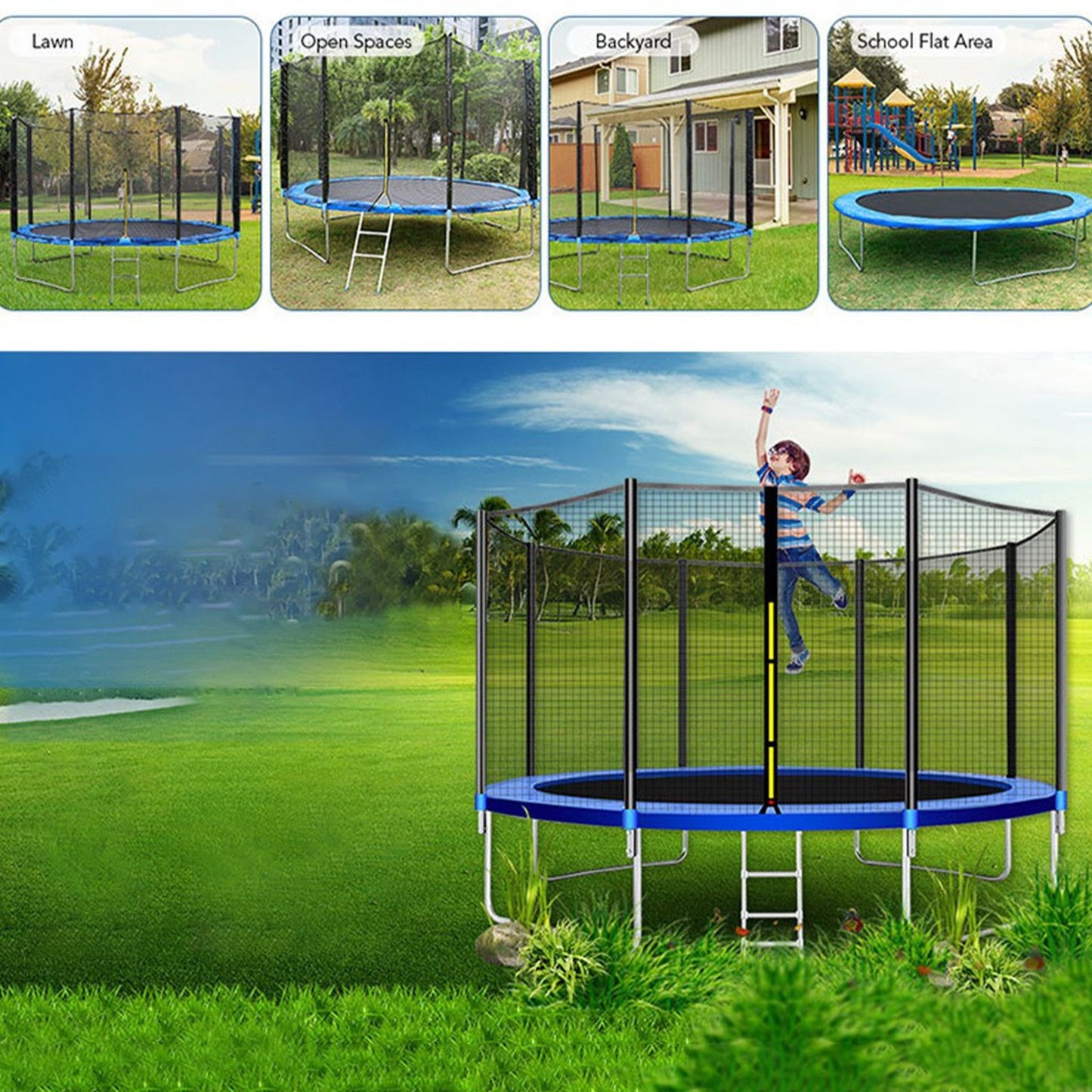 12 FT Kids Trampoline With Enclosure Net Jumping Mat And Spring Cover Padding - As shown