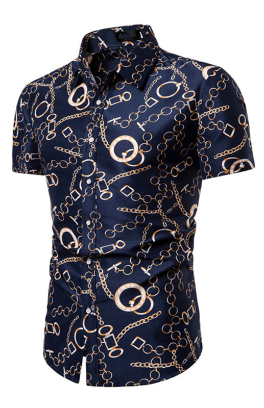 Men's Summer Fashion Short Sleeve Printed Shirt - Blue / 5XL