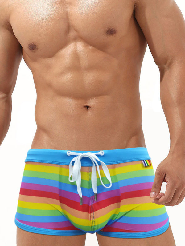 Men's Rainbow Fashion Tethered Slit Boxer Swim Shorts - Rainbow / XXL