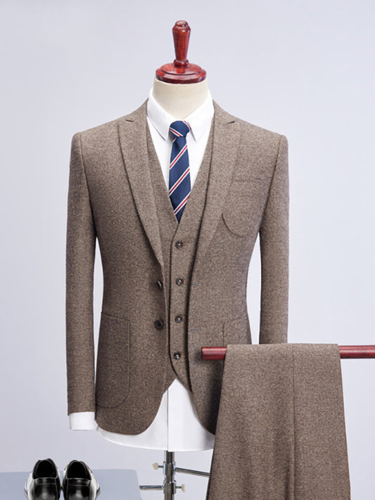 Men's Slim Business Three Piece Suit - Khaki / 4XL