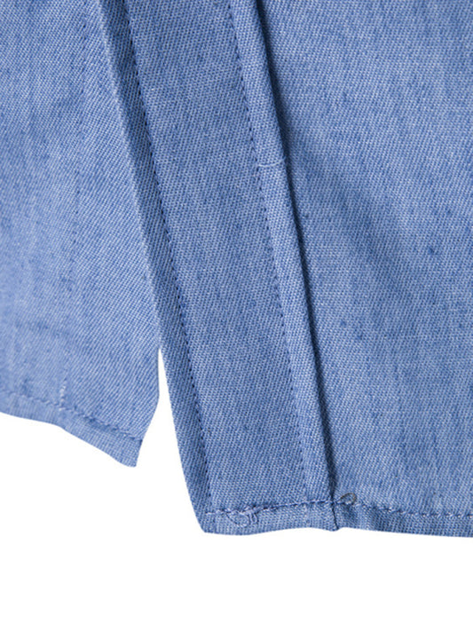 Men’s Solid Color Contrast Collar Long Sleeve Denim Shirt - Purplish blue navy / 3XL