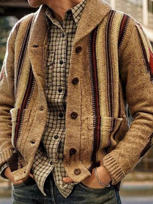 Autumn and winter long sleeve jacquard sweater lapel outer wear sweater jacket men - Khaki / 4XL