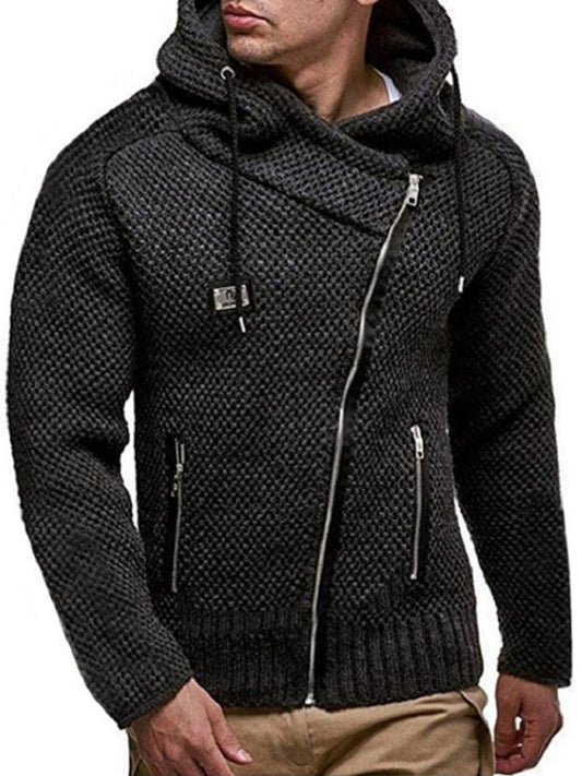 Men's Solid Color Zipper Hooded Cardigan - Black / 3XL