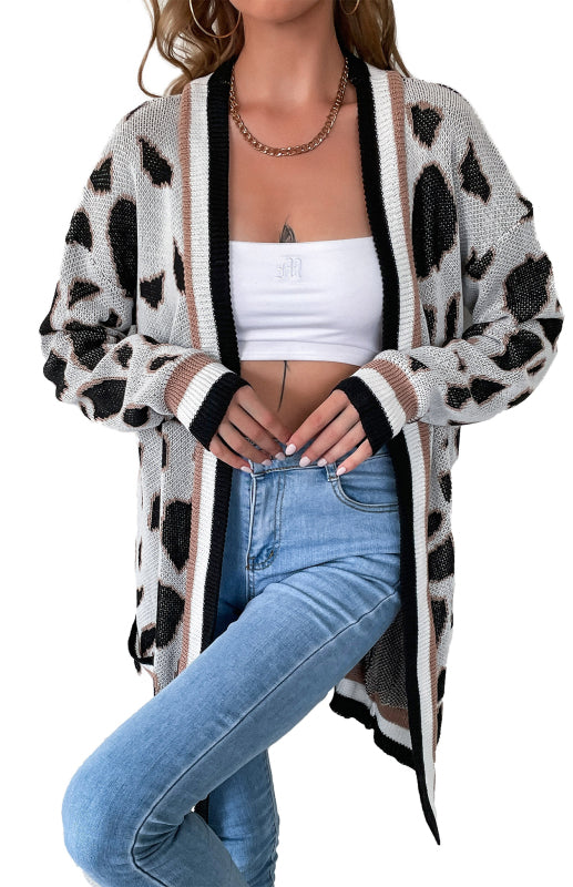Women's Buttonless Leopard Print Cardigan Sweater Women's Jacket - Raw white off white / L
