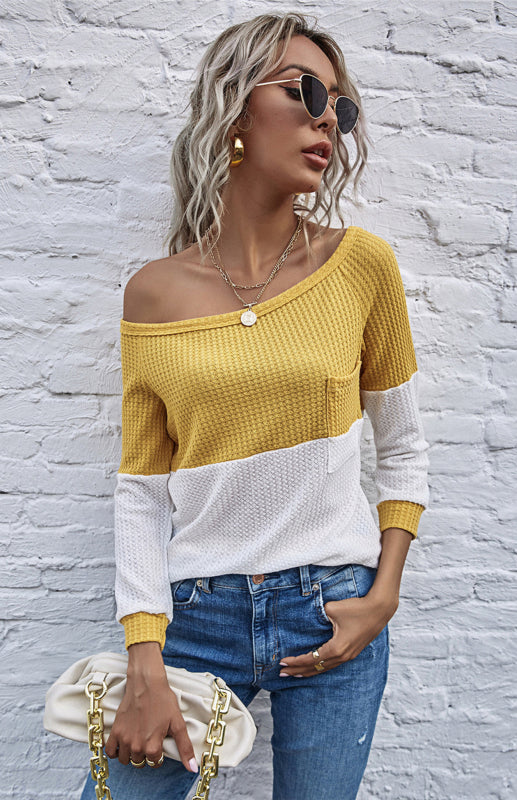 Color Blocking Long Sleeve Strapless Tops - Yellow / XL