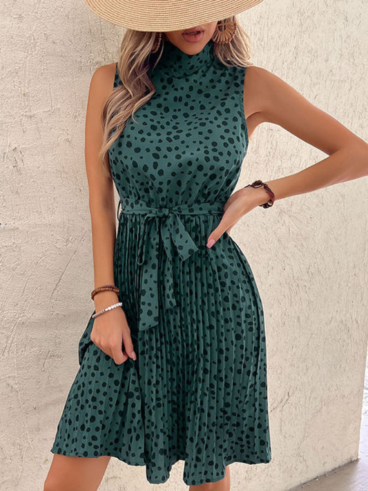 European and American sleeveless halterneck skirt ruffled green leopard print dress - Green / XXL