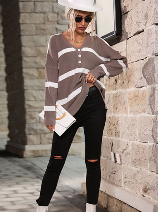 Women’s V Neck Striped Long Sweater - Brown / XXL