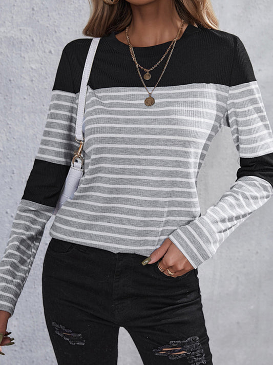 Women's Casual Patchwork Striped T-Shirt - Black / L