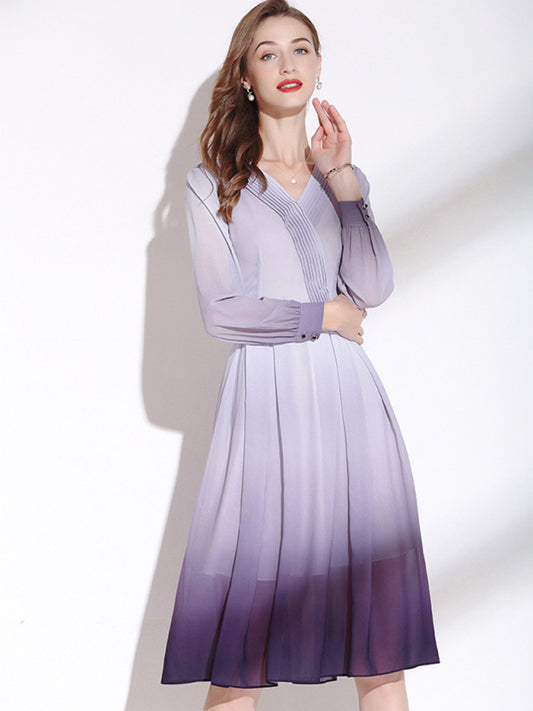 Women’s Pleated V Neck Long Sleeve Midi Faux Wrap Silhouette Dress - Purple / XXL