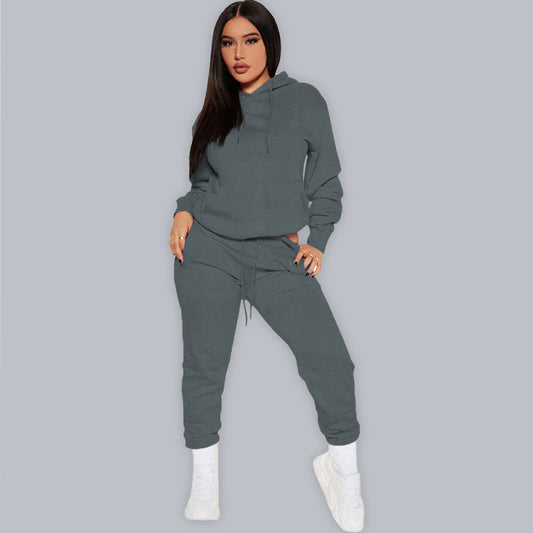 Women’s Solid Color Drawstring Hooded Sweatshirt & High Waisted Sweatpant Joggers - Brown / XXL