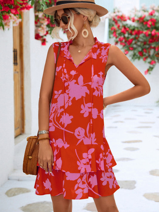 Women's Casual Vacation Sleeveless Strappy Ruffle Dress - Orange / XL